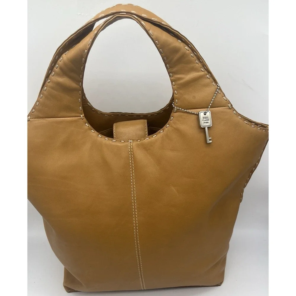 Fossil Classic‎ 75082 Tan Leather Hobo Tote Shoulder Bag With Key